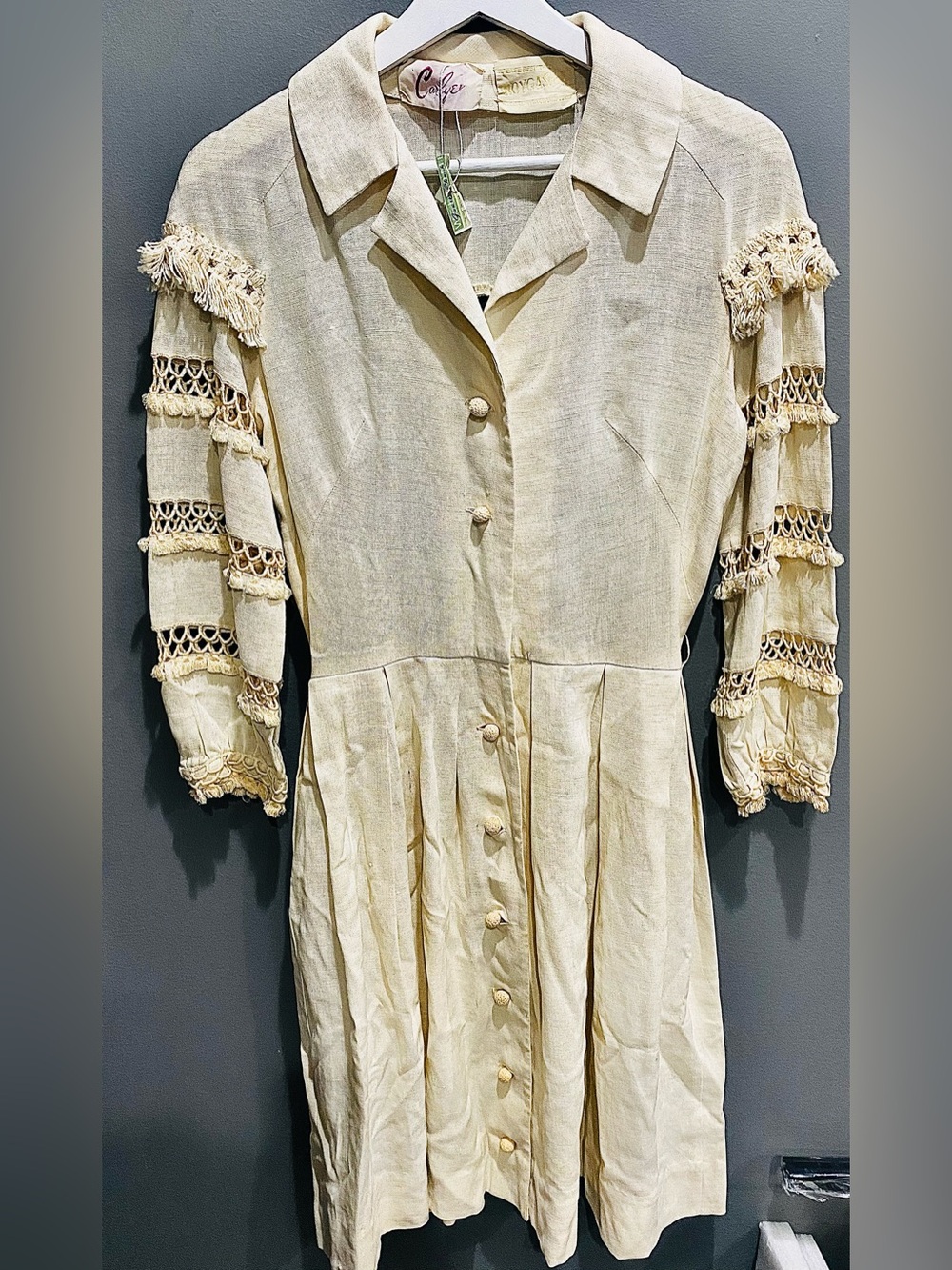 Women’s Vintage 1950’s Carlye Irish Linen Midi Shirt Dress Crochet Fringe NWT